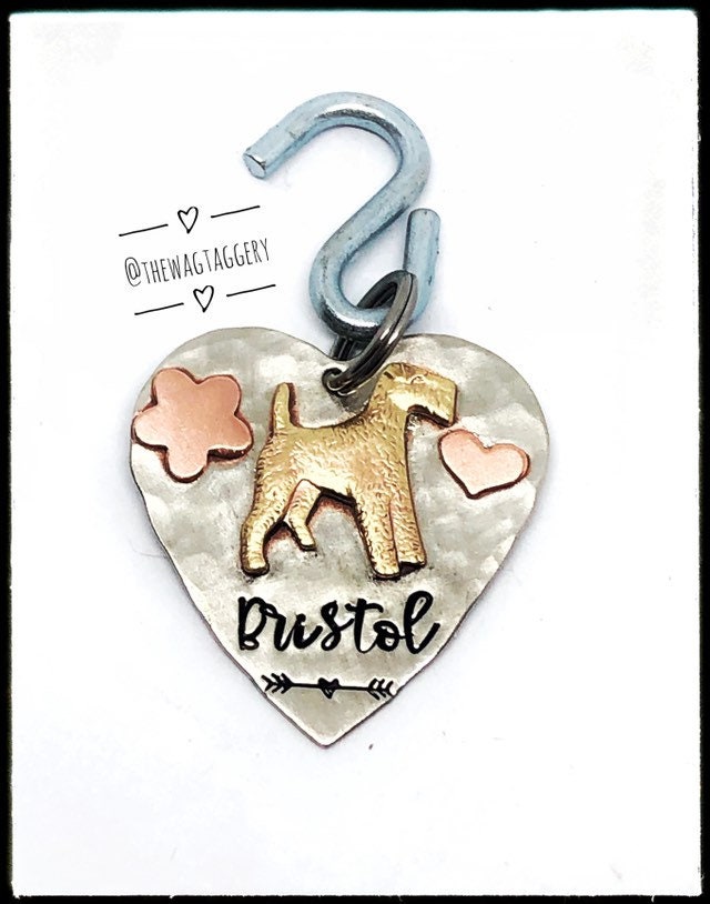 Terrier ID tag - custom dog tag - dog name tag - personalized - Airedale - Welsh - Lakeland - Irish terrier - hearts - flowers - mixed metal