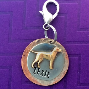May include: A silver dog tag with a copper rim. The tag features a gold-colored silhouette of a dog and the name "Lexie" engraved in black.