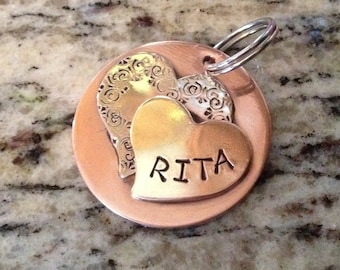 Custom Dog tag - hearts - your dog&#39;s name - hand stamped -- Dog ID tag -- dog name tag -- metal dog ID tag - personalize