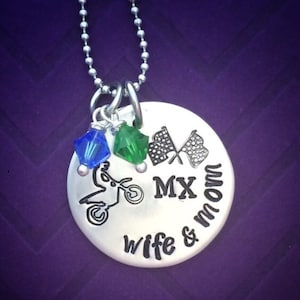 Hand stamped motocross ladies necklace - wife and mom - dirt bike - checkered flag