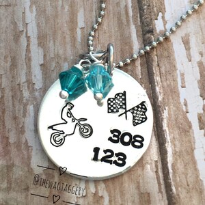 Personalized motocross jewelry - MX necklace - Custom motocross necklace - Crystals - checkered flag - dirt bike - rider - Mom