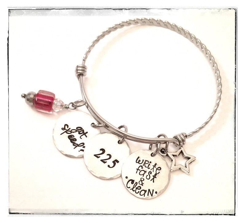 Got speed? Write fast /& clean graduation gift for court reporting students Hand stamped inspiration bracelet for court reporters 225