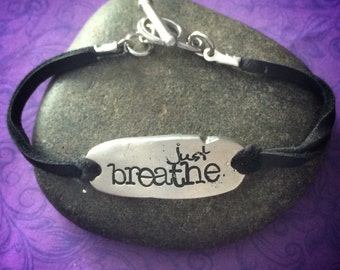 Hand stamped pewter bracelet - Just breathe - empower - support - awareness - leather bracelet - customize with your word(s) - great gift