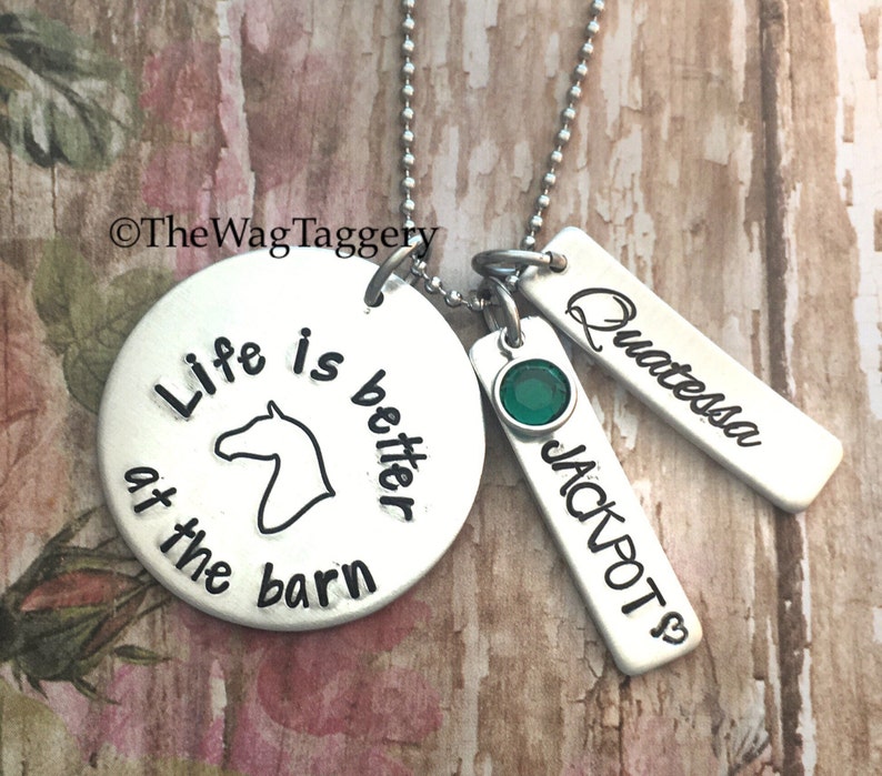 hunter ju gifts for horse lovers dressage barrel racer Life is better at the barn personalized horse name necklace gifts for her