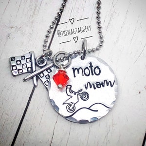 Hand stamped moto mom necklace - dirt bike - checkered flag - dirt bikes - whoops - MX - motocross jewelry