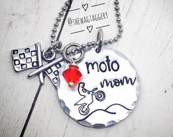 Hand stamped moto mom necklace - dirt bike - checkered flag - dirt bikes - whoops - MX - motocross jewelry