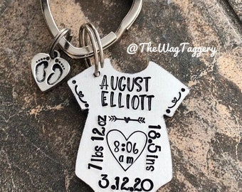 Hand Stamped Newborn Stats Onesie Keychain – Personalized Baby Gift