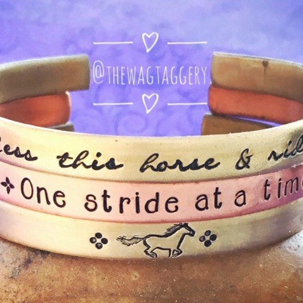 1, 2 or 3 bracelets - hand stamped horse bracelets - copper and brass - bless this horse and rider - one stride at a time - horse lover gift