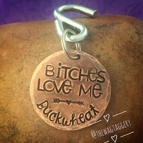 Rustic personalized dog ID tag - your dog's name  - copper - antiqued - Bitches love me - pet ID tag - personalized