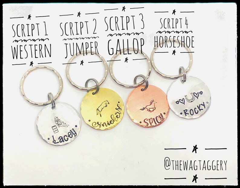 May include: Four silver keychains with different designs and names. The keychains feature a horseshoe, a horse jumping over a barrel, a horse galloping, and a horse jumping over a fence. The names on the keychains are Lacey, Snickers, Spicy, and Rocky.