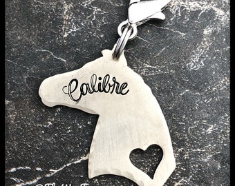 Pretty Horse name keychain or bridle or halter tag - hand stamped - silver - script font - gifts for horses - horse mom gift