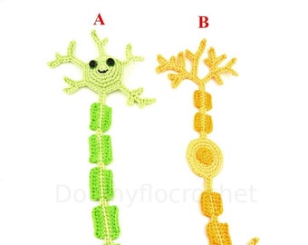 Marque pages neurone vert et neurone bipolaire orange en coton faits au crochet