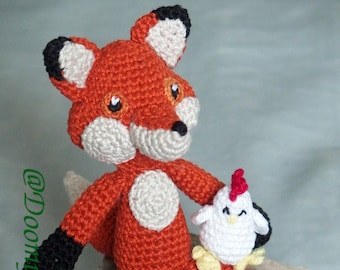 Fox and chicks amigurumi handmade crochet in cotton ; children toy, decoration