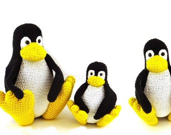 TUX LINUX ぬいぐるみペンギン、大・中・小サイズ、かぎ針編みコットン