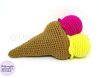 Amigurumi Cornet ice cream 2 cotton crochet balls; miniature dinette toy for children; yellow, pink