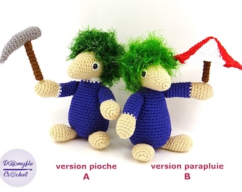 Poupée Lemmings jeu video avec parapluie ou pioche en coton au crochet