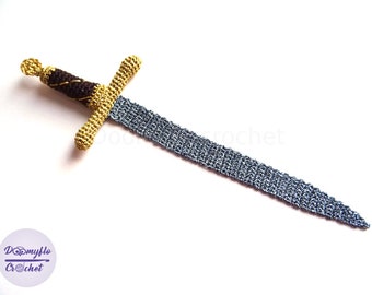 Sword bookmark in gold cotton and silver crochet; for fans of medieval fantasy books