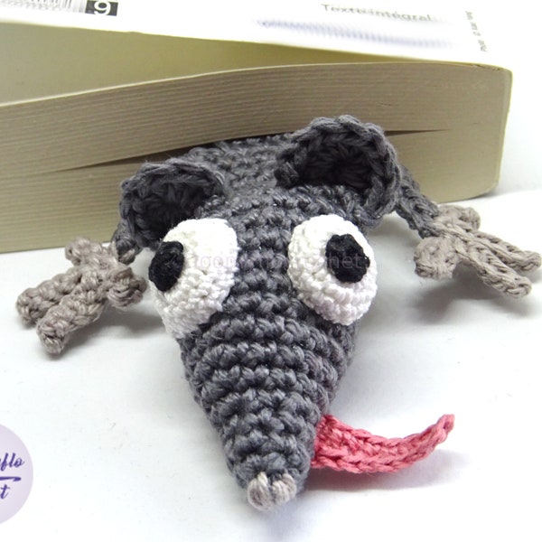 Marque pages Rat gris en coton fait-main au crochet pour livres