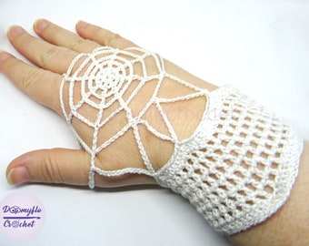 Mittens spider web in white and silver crochet cotton