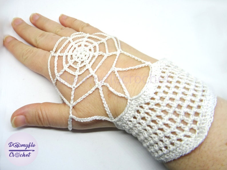 Mittens spider web in white and silver crochet cotton image 1