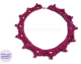 Collier ras de cou au crochet en coton bordeaux et perles grenat pour femmes et filles