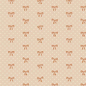 May include: A repeating pattern of small, light brown bows and white polka dots on a tan background. The bows are evenly spaced and add a delicate, vintage feel to the design. This pattern is suitable for fabric or wallpaper.
