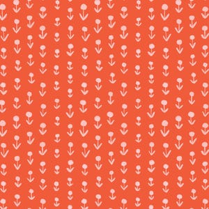 May include: A repeating pattern of small, light pink flowers with stems and arrows on a bright orange background. The floral design is evenly spaced, creating a consistent and visually appealing texture.
