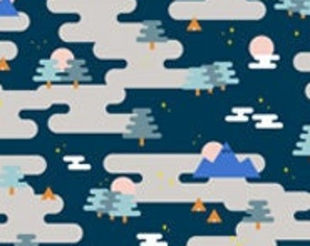 Navy Woodland Fabric by Lemonni Around the Campfire Camp Ground Figo Fabrics Modern Quilting and Sewing Material Mountains Moons Trees