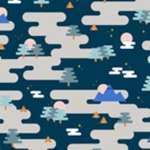 Navy Woodland Fabric by Lemonni Around the Campfire Camp Ground Figo Fabrics Modern Quilting and Sewing Material Mountains Moons Trees