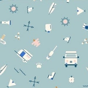Camping Themed Fabric by Lemonni Around the Campfire Camp Gear Blue Figo Fabrics Modern Quilting Sewing Material Mountains Moons Trees