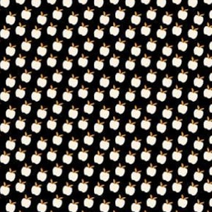 May include: Black fabric with a repeating pattern of cream-colored apples with brown stems and leaves. The apples are arranged in diagonal rows. The text "RUBY STAR SOCIETY" is at the bottom.