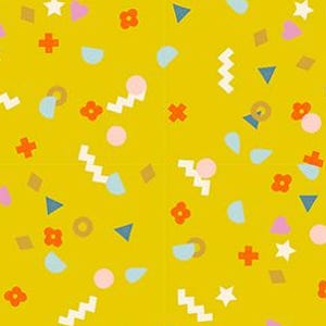 May include: Yellow fabric with a repeating pattern of various shapes in white, orange, pink, blue, and gold. The shapes include stars, zigzags, circles, triangles, and crosses. The text "RUBY STAR SOCIETY" is at the bottom.