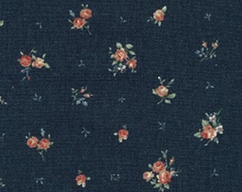 Navy Roses Cotton Flax by Sevenberry for Robert Kaufman Dark Red Floral Fabric Modern Kitchen Flowers Made In Japan