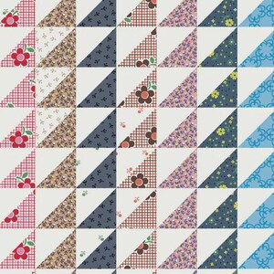 May include: A quilt featuring a repeating pattern of half-square triangles arranged in vertical columns. The fabric squares display a variety of prints including floral, plaid, striped, and solid designs in shades of brown, pink, blue, and white.