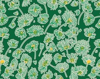 May include: Green fabric with a repeating pattern of white and yellow daisies. The daisies have a detailed outline and are scattered across the dark green background. The fabric has a ruler along the bottom edge, with the text "Free Spirit" and "freespiritfabrics.com".