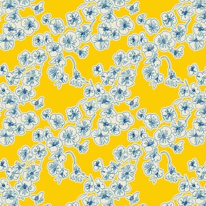 May include: Yellow fabric with a repeating floral pattern. The design features clusters of white flowers with blue outlines and stems. The fabric has a bright yellow background and is marked with inch measurements.