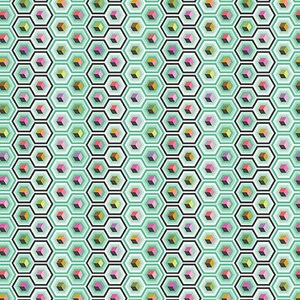 May include: A fabric pattern featuring a repeating geometric design of small cubes centered within hexagonal outlines. The color palette consists of mint green, black, white, pink, and yellow. A ruler at the bottom shows 12 inches of length.