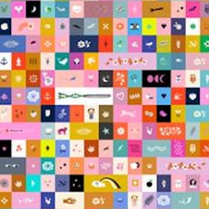 May include: A vibrant, colorful pattern composed of numerous small, square tiles. Each tile features a unique design, including stars, hearts, animals, and abstract shapes, in a variety of colors like pink, blue, yellow, and orange. The overall effect is a playful and visually engaging design.