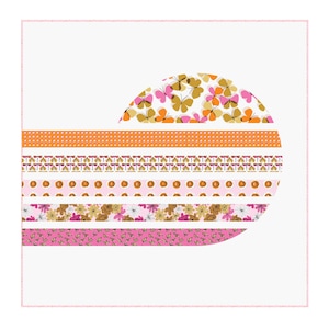 May include: A decorative design featuring a semi-circle with various patterned stripes. The top section showcases butterflies in orange, pink, and gold. Below are stripes with floral and geometric patterns in shades of pink, orange, and white.
