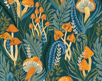 Mushrooms Fabric by Maria Galybina Cloud 9 Fabrics Baltic Woodland Organic Cotton Orange Green Fungi Forest Leaf Fabric - 227434