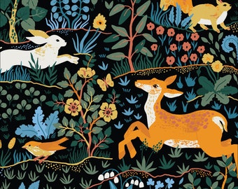 Wild Animals Dark Fabric by Maria Galybina Cloud 9 Fabrics Baltic Woodland Organic Cotton Orange Birds Rabbits Deer Squirrel Fabric - 227427