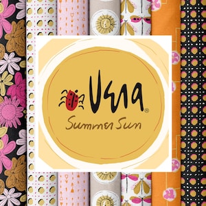 May include: A collection of fabric rolls with various floral and geometric patterns in pink, orange, black, and white. The center features a yellow circle with the text "Vera Summer Sun" and a ladybug illustration.