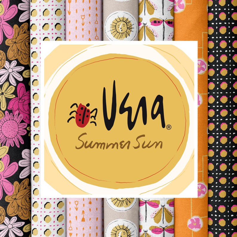 May include: A collection of fabric rolls with various floral and geometric patterns in pink, orange, black, and white. The center features a yellow circle with the text "Vera Summer Sun" and a ladybug illustration.
