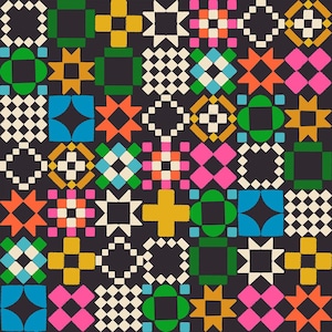May include: A dark charcoal fabric featuring a repeating grid pattern of geometric shapes in vibrant colors including mustard yellow, bright pink, orange, lime green, turquoise, and cream. The design consists of stars, crosses, and squares.
