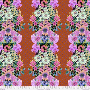 May include: A repeating pattern of colorful floral bouquets on a rust-colored background. The bouquets feature pink, purple, white, and yellow flowers with green leaves. The background is a solid rust color with a subtle pattern of small dots.