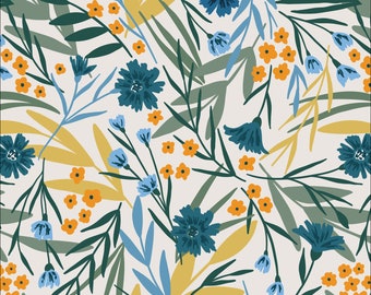 Flower Meadow Fabric by Maria Galybina Cloud 9 Fabrics Baltic Woodland Organic Cotton Orange Green Blue Yellow Floral Fabric - 227430