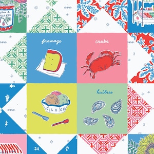 May include: A colorful patchwork design featuring illustrations of food items. The squares include a jar of jam, cheese labeled "fromage", a red crab, ice cream labeled "glace", and oysters labeled "huîtres". The background has geometric and floral patterns.