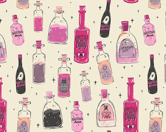Liquid Magic Berry Halloween Fabric by Art Gallery Fabrics Spooky 'n Witchy Collection AGF Studio Vampire Witch Magic Potion Pink Black