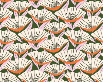 Untamed Floral Fabric by Juliana Tipton Cloud 9 Fabrics Organic Cotton Orange Pink Green Floral Fabric Ivory Flowers - 227464