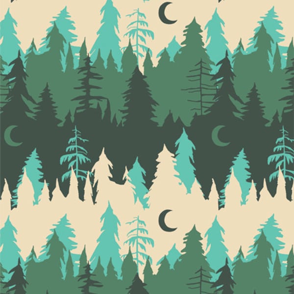 Misty Morning by Jessica Swift for Art Gallery Fabrics Lakelife Collection Green Blue Forest Quilt Fabric Modern Crescent Moon Woodland